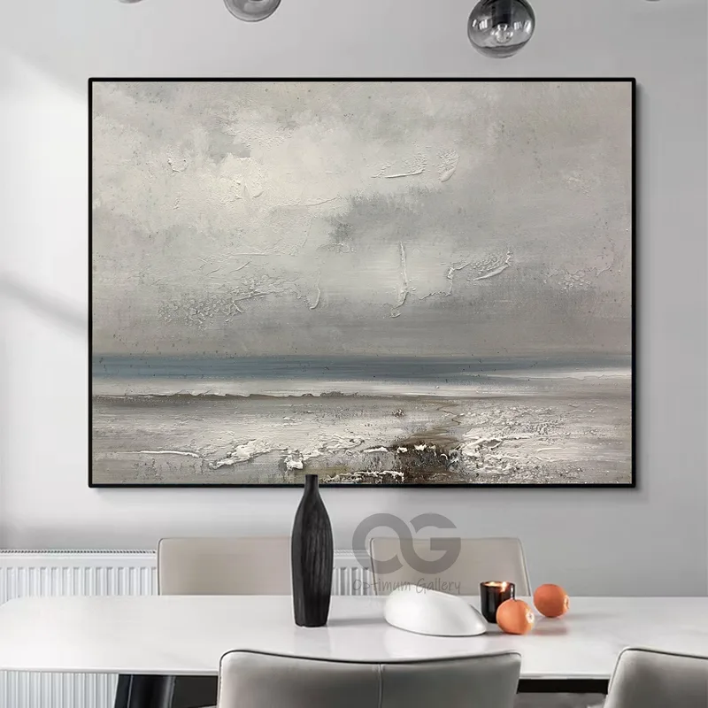 Original Ocean Canvas Painting | Gray Sky, Living Room Art (48x60, Large Scale)