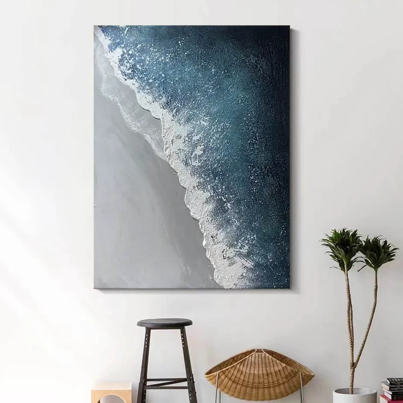 Large Abstract Beach Painting on Canvas: Blue and White Decor