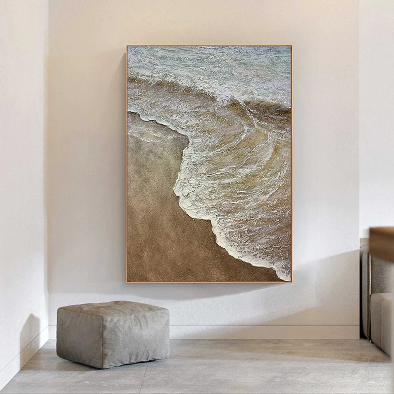 Brown Wave Acrylic Painting: Framed Coastal Scene Home Decor Piece