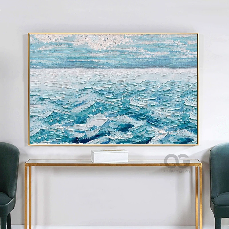 Green Ocean Acrylic Painting on Canvas for Abstract Beach Decor