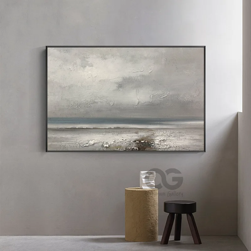 Original Ocean Canvas Painting | Gray Sky, Living Room Art (48x60, Large Scale)