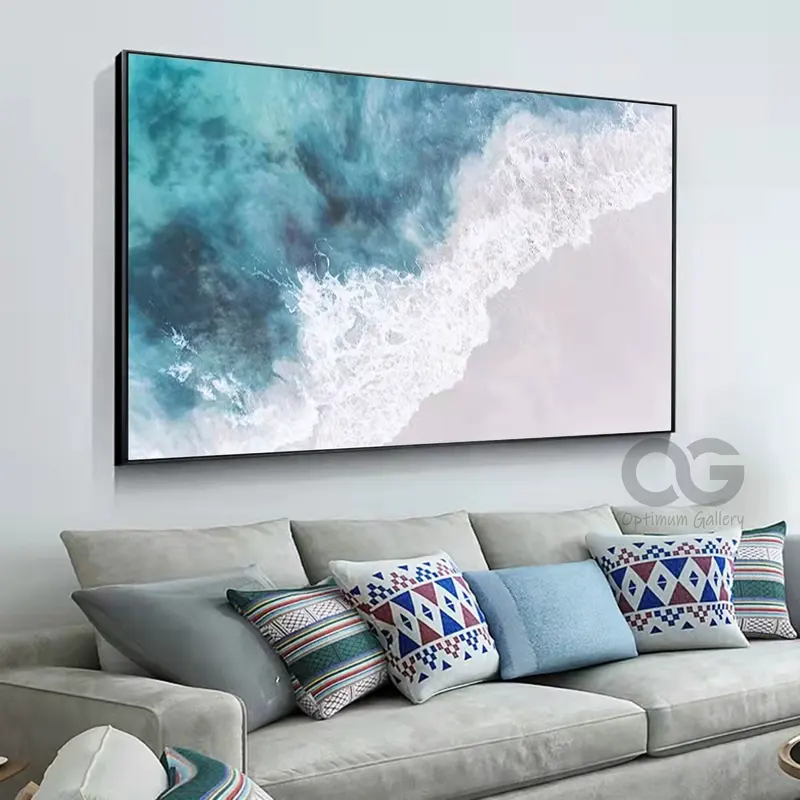 Textured Beach Acrylic Painting: Framed Ocean Canvas Wall Art