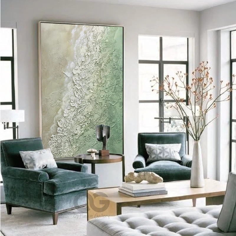 Framed Wave Painting on Canvas with Emerald Green Beach Theme