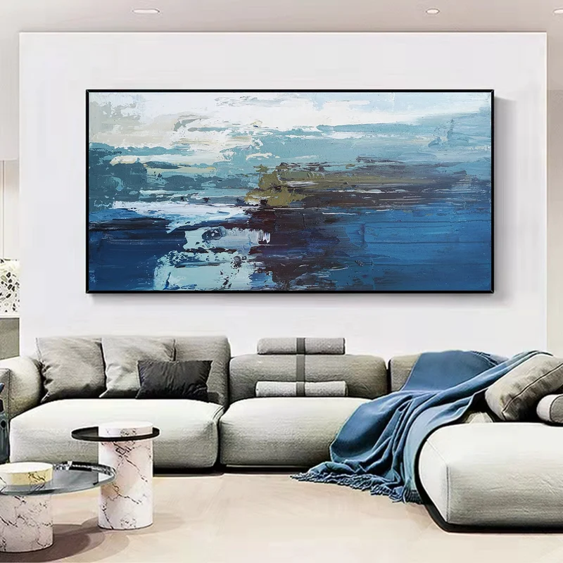 Framed Blue Ocean Wall Art: Large Textured Coastal Landscape Piece