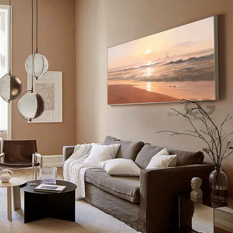 Oversized Abstract Beach Sunset | Textured, Panoramic (60x72, Ocean Landscape)
