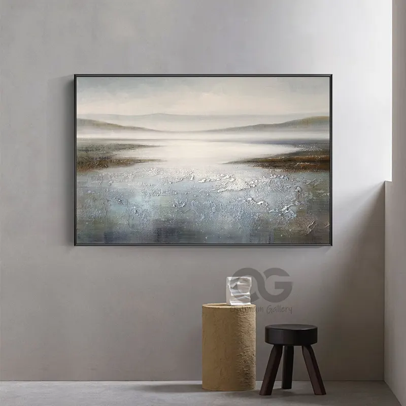 Muted Beach Seascape Canvas Painting for Large Ocean Wall Art