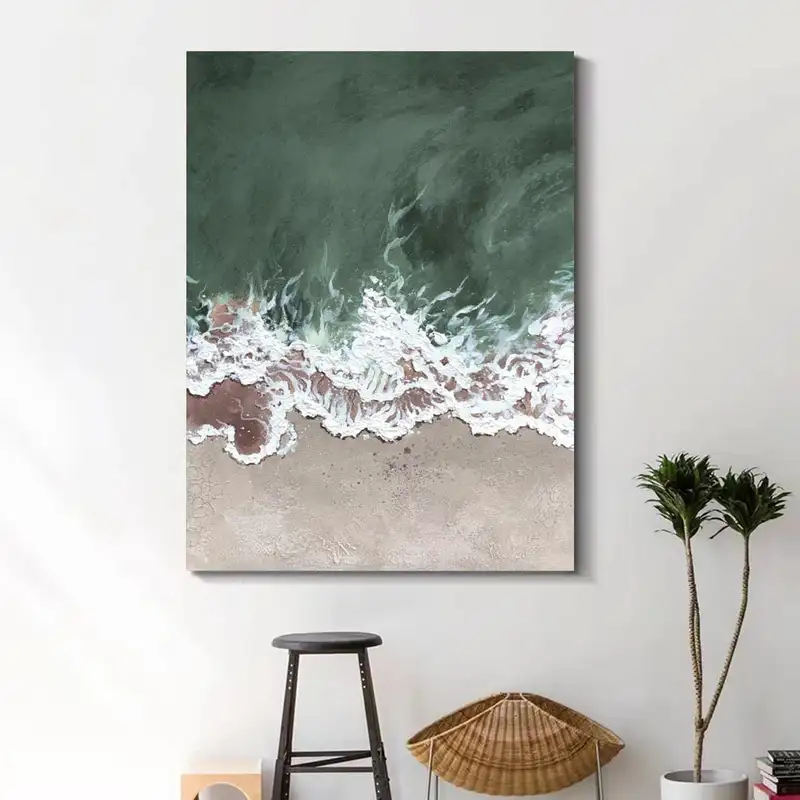 Abstract Beach Painting on Canvas: Large Green and White Decor