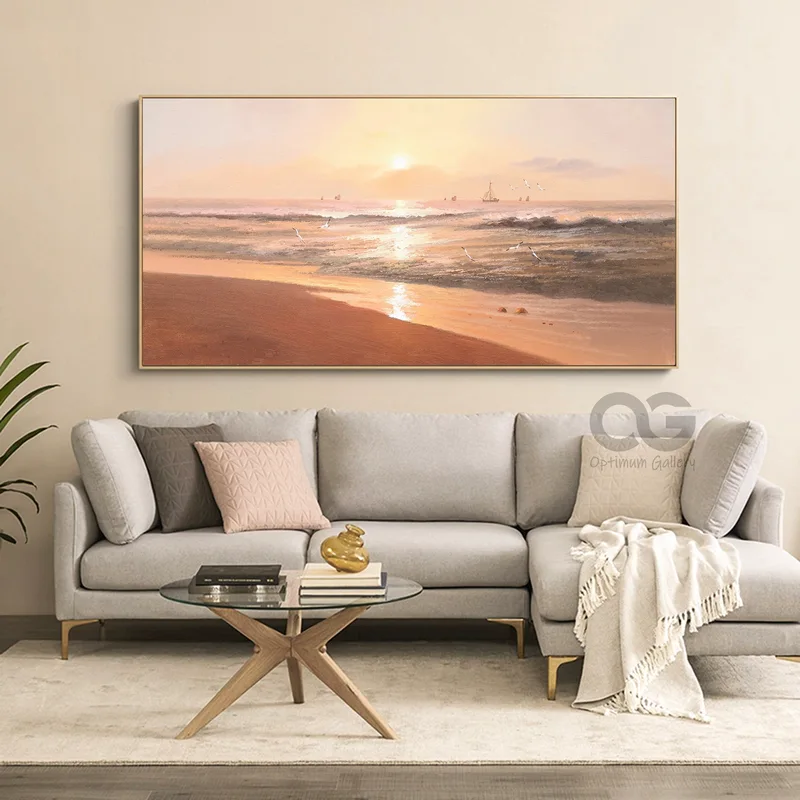 Oversized Abstract Beach Sunset | Textured, Panoramic (60x72, Ocean Landscape)