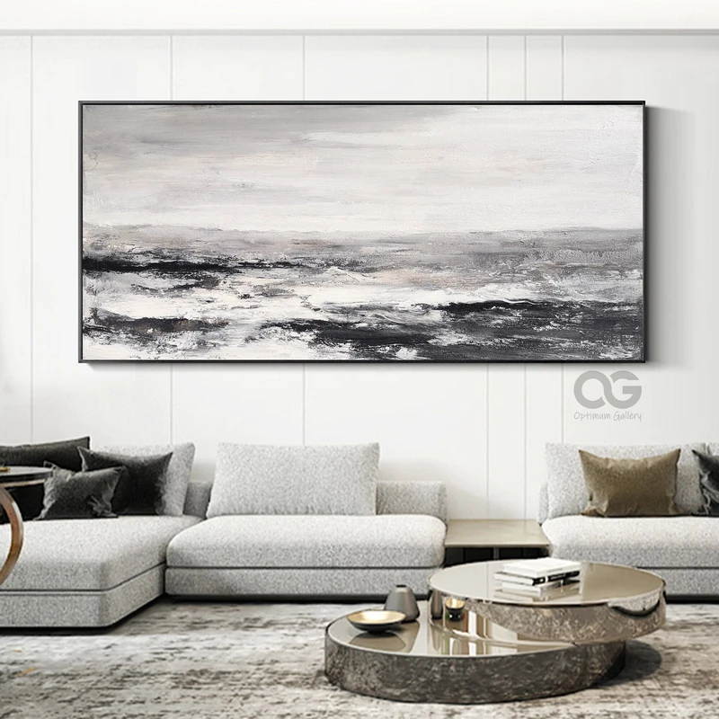Black & White Abstract Painting | Textured, Panoramic (48x60, Modern Beach Art)