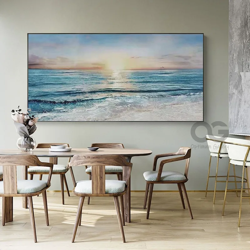 Oversized Abstract Ocean Sunset | Bright Ocean Canvas, Framed (60x72, Contemporary)