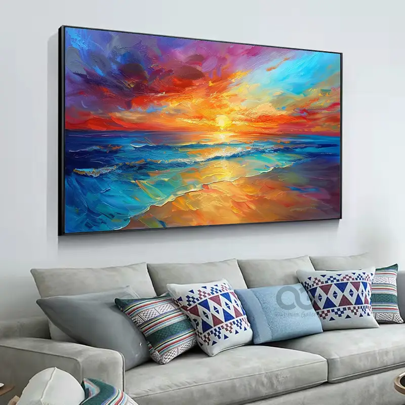 Original Ocean Canvas Painting | Bright Sky, Blue Beach (40x50, Large Scale)