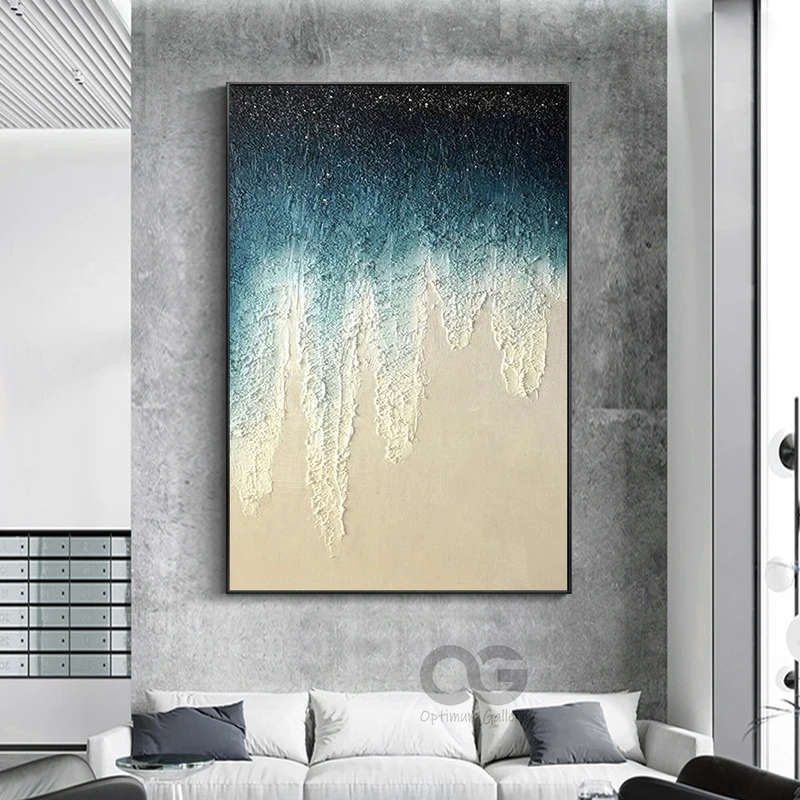 Textured Beach Acrylic Painting: Emerald Green Coastal Artwork