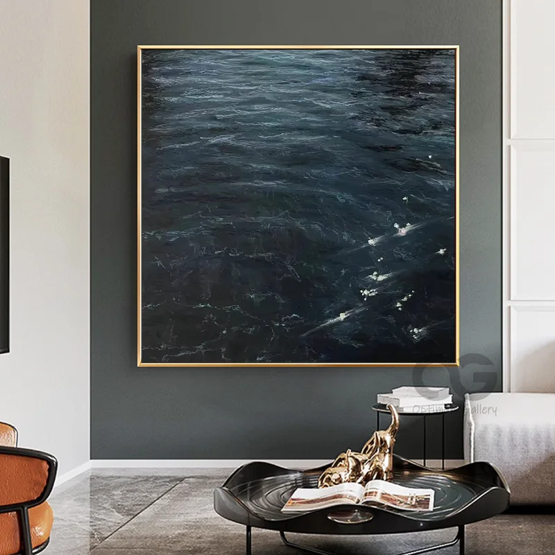 Dark Blue Ocean Painting: Framed Abstract Coastal Wall Art Piece