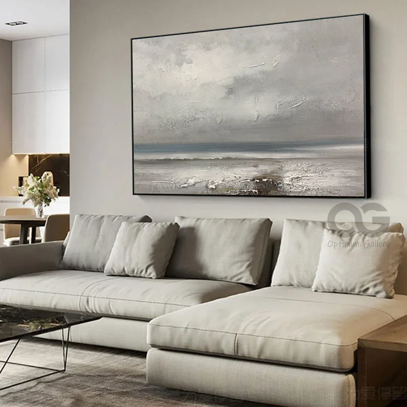 Original Ocean Canvas Painting | Gray Sky, Living Room Art (48x60, Large Scale)