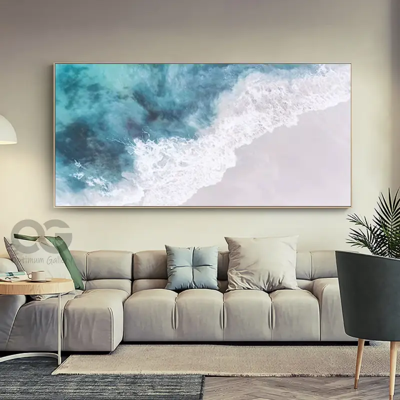 Textured Beach Acrylic Painting: Framed Ocean Canvas Wall Art