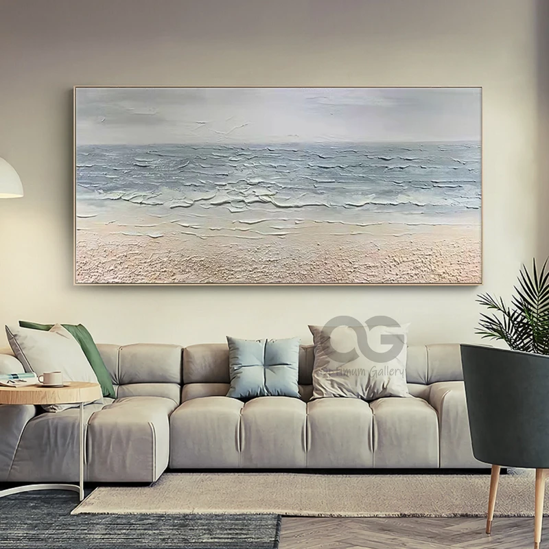 Oversized Ocean Sunset Canvas Painting: Bright Coastal Wall Art