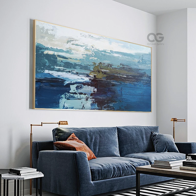 Framed Blue Ocean Wall Art: Large Textured Coastal Landscape Piece