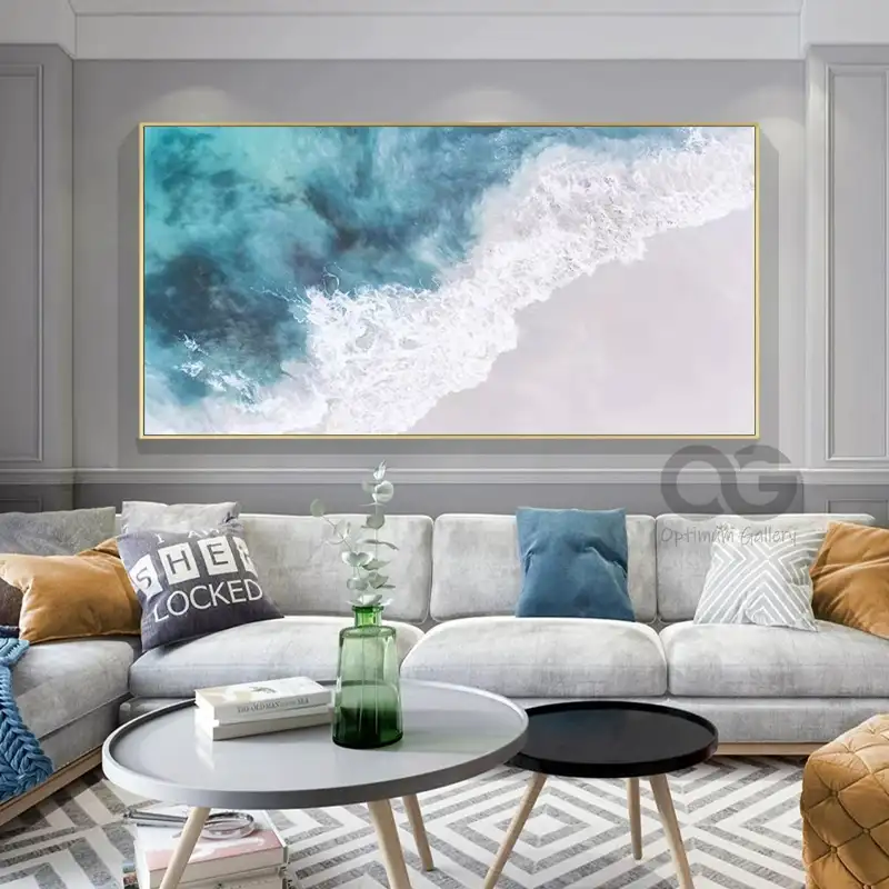 Textured Beach Acrylic Painting: Framed Ocean Canvas Wall Art