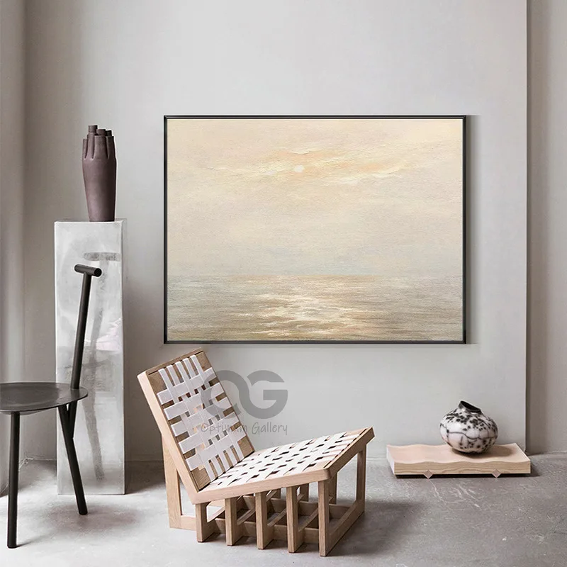 Large Ocean Sunset Painting | Beige Abstract, Wall Decor (36x48, Coastal)
