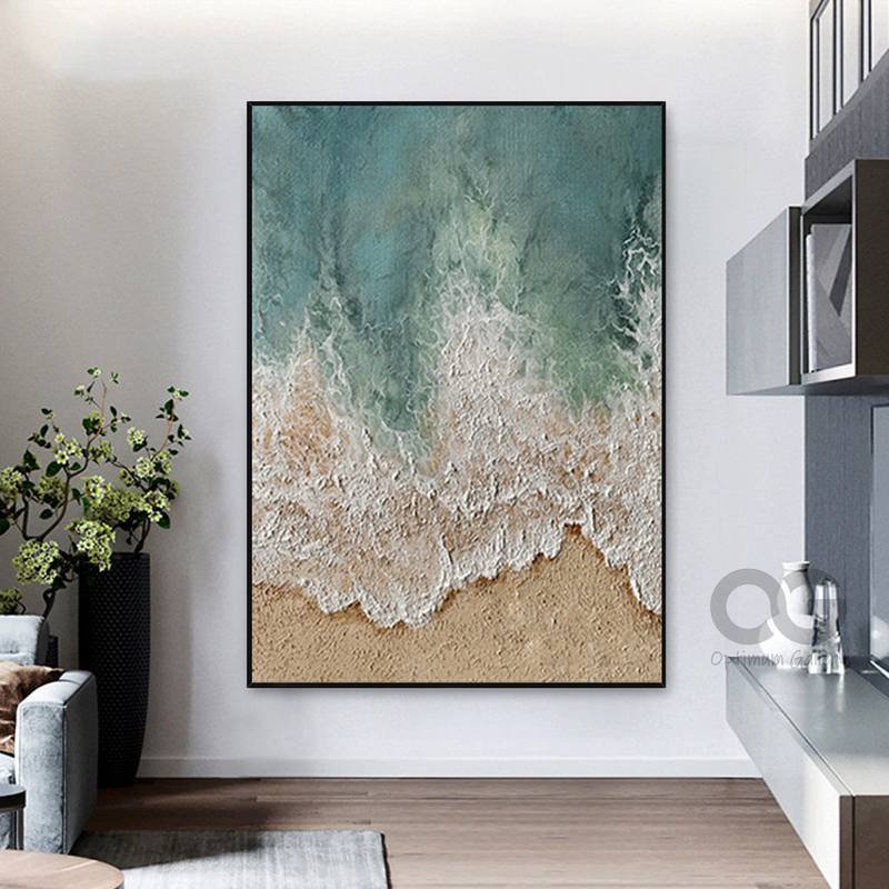 Framed White Beach Abstract Painting: Impressionist Coastal Decor