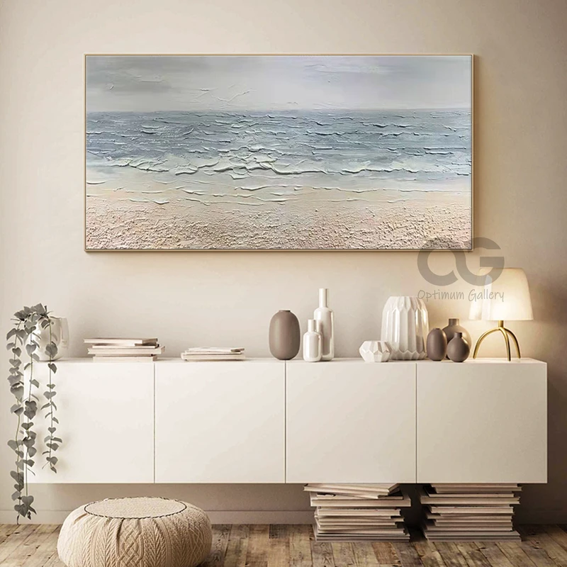 Oversized Ocean Sunset Canvas Painting: Bright Coastal Wall Art