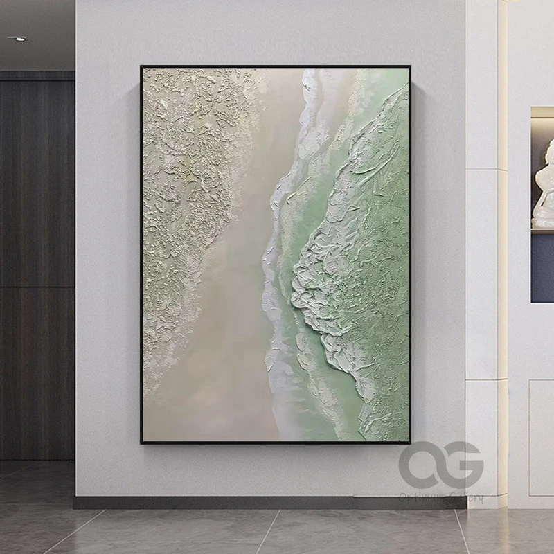 Green Coastal Wall Decor: Abstract Beach Wave Canvas Painting