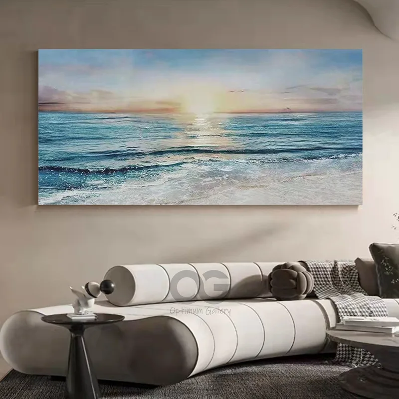 Oversized Abstract Ocean Sunset | Bright Ocean Canvas, Framed (60x72, Contemporary)