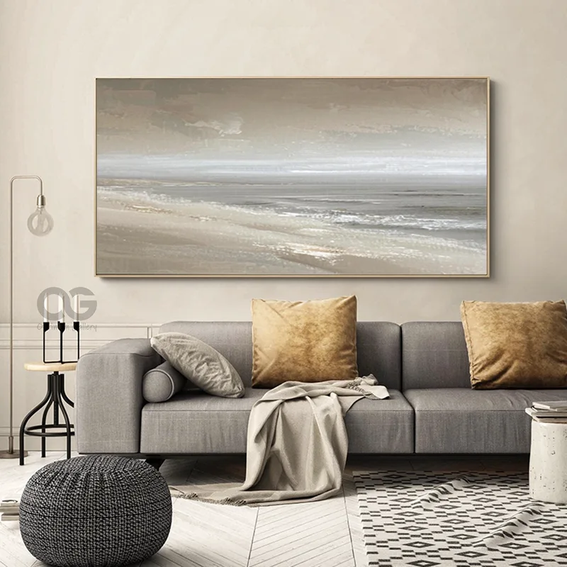 Large Abstract Beach Painting | Gray Wall Art, Sea & Sky (24x36, Textured Canvas)