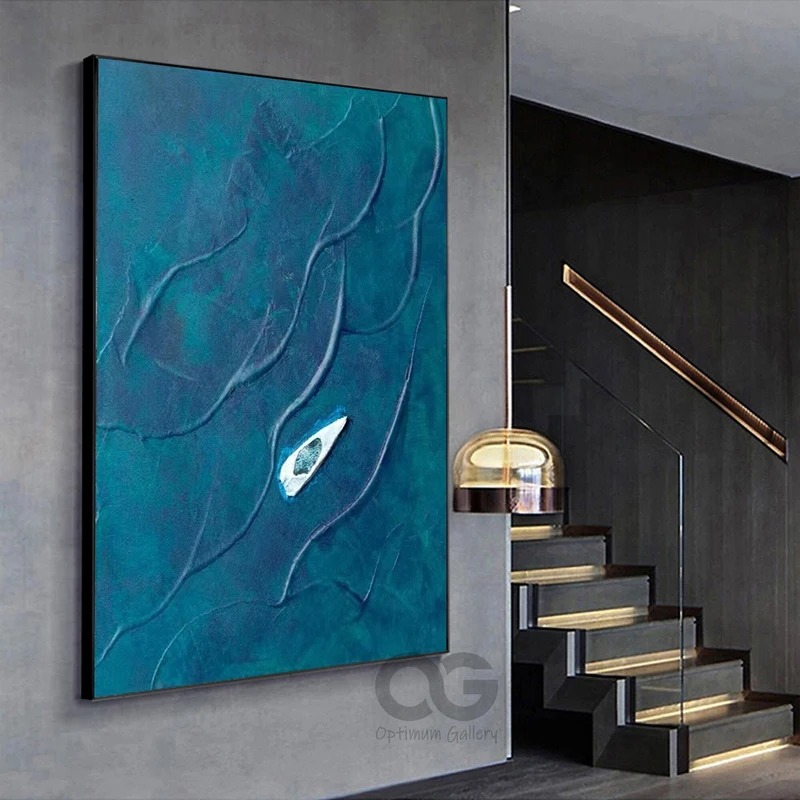 Extra Large Coastal Painting: Navy Blue Textured Ocean Artwork