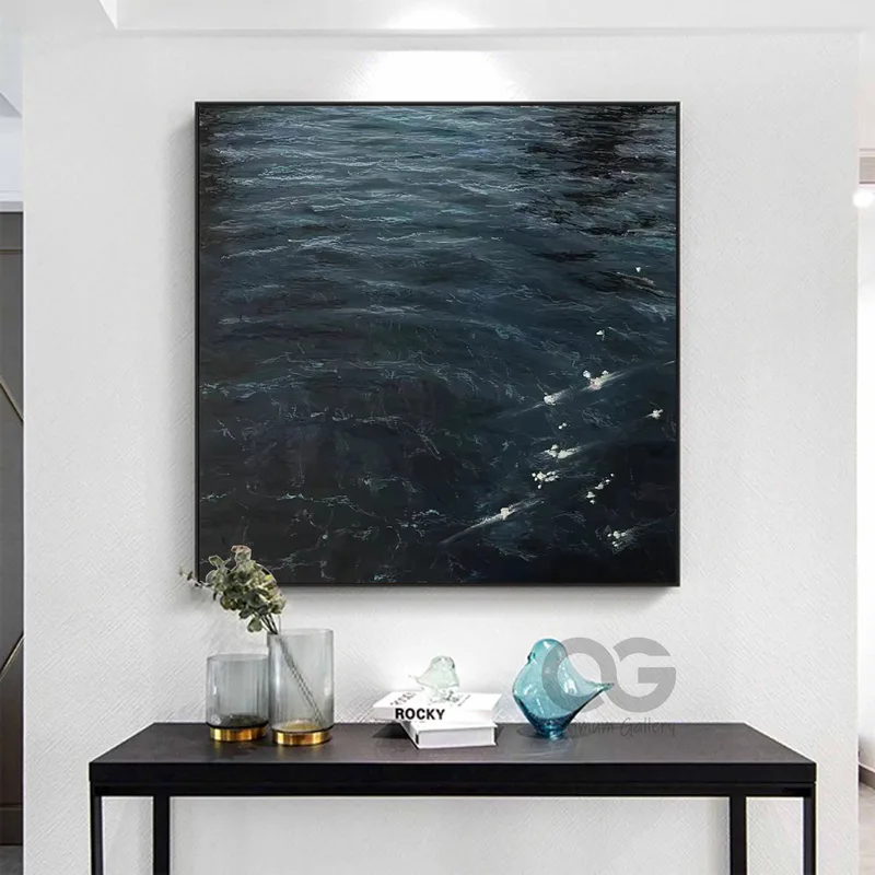 Dark Blue Ocean Painting: Framed Abstract Coastal Wall Art Piece