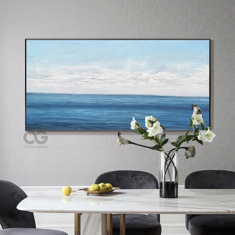 Large Blue Ocean Painting | Acrylic, Calm Sea, Framed (40x50, Oversized)