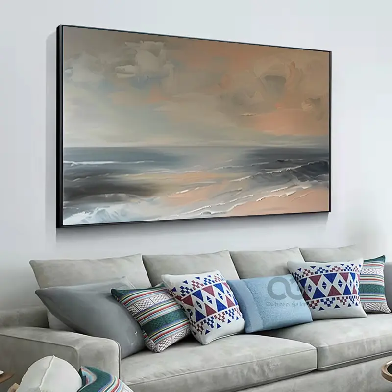 Large Ocean Sunset Canvas Painting | Textured, Gray Clouds (24x36, Beach Landscape)