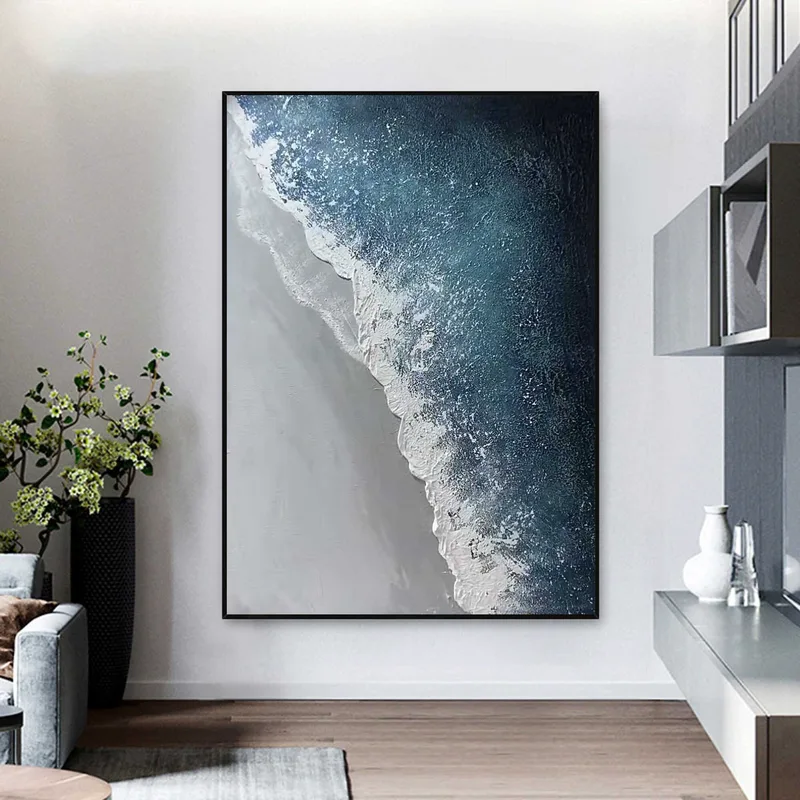Large Abstract Beach Painting on Canvas: Blue and White Decor