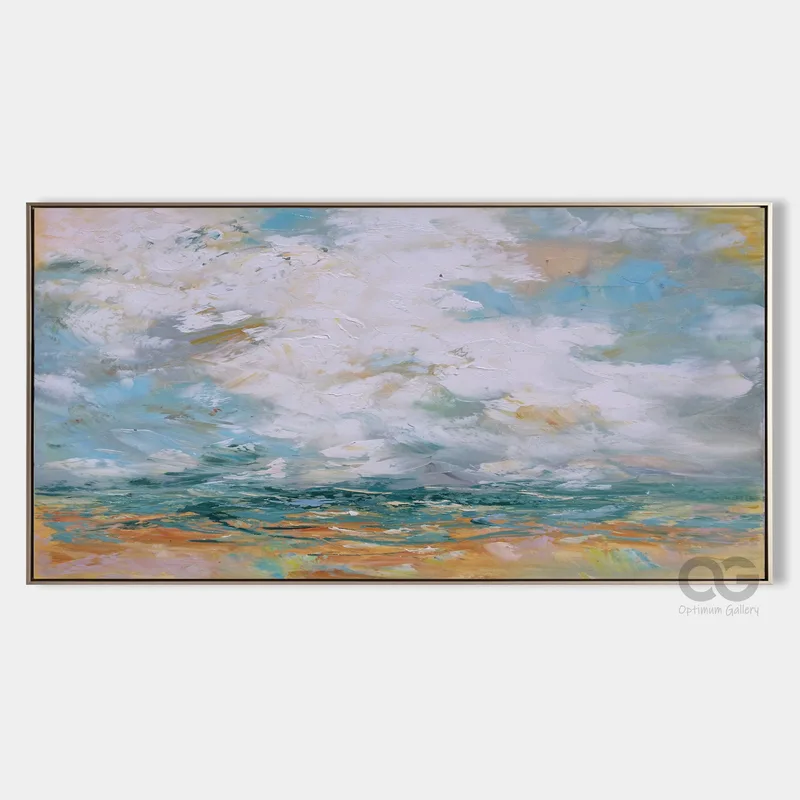Large Abstract Beach Painting | Green Wall Art, Sky & Cloud (30x40, Panoramic)