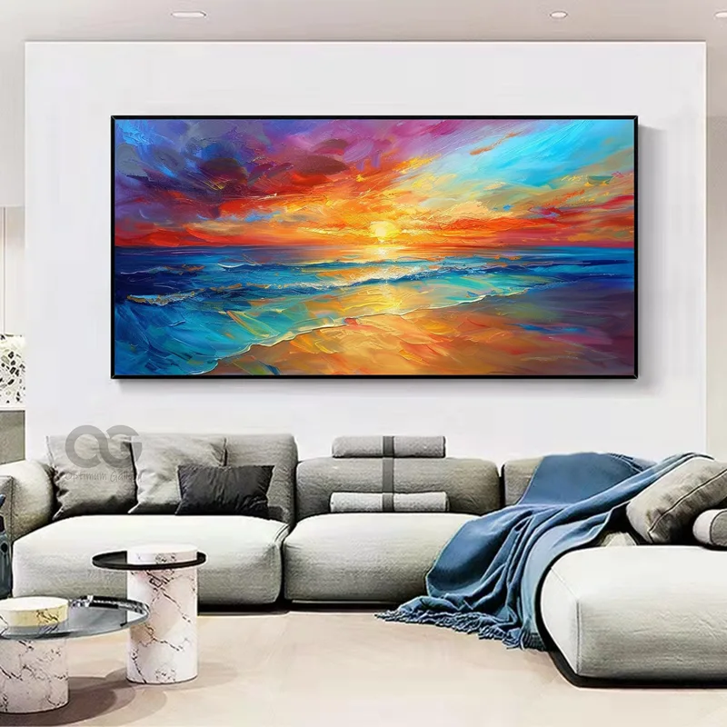 Original Ocean Canvas Painting | Bright Sky, Blue Beach (40x50, Large Scale)