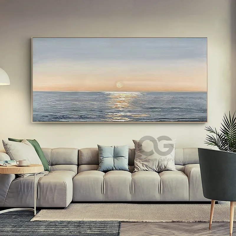 Framed Ocean Sunset Painting | Abstract, Gray Texture (60x72, Oversized)