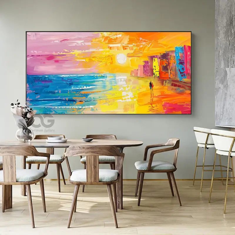 Framed Abstract Ocean Sunset | Bright Ocean Wall Art (48x60, Contemporary Seascape)