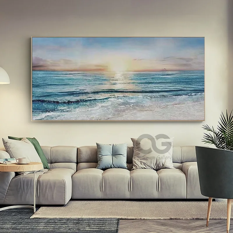 Oversized Abstract Ocean Sunset | Bright Ocean Canvas, Framed (60x72, Contemporary)