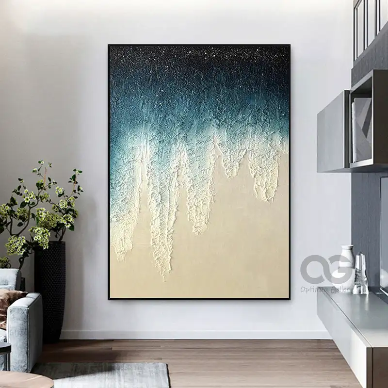 Textured Beach Acrylic Painting: Emerald Green Coastal Artwork