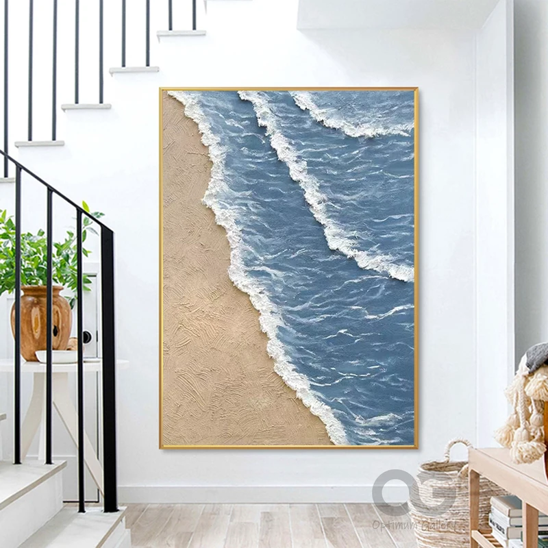 Ocean Sunset Painting: Framed Grey Beach Palette Knife Artwork