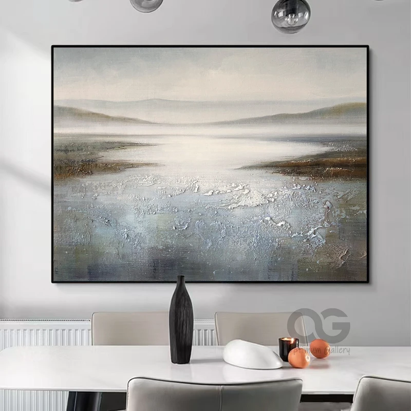 Muted Beach Seascape Canvas Painting for Large Ocean Wall Art