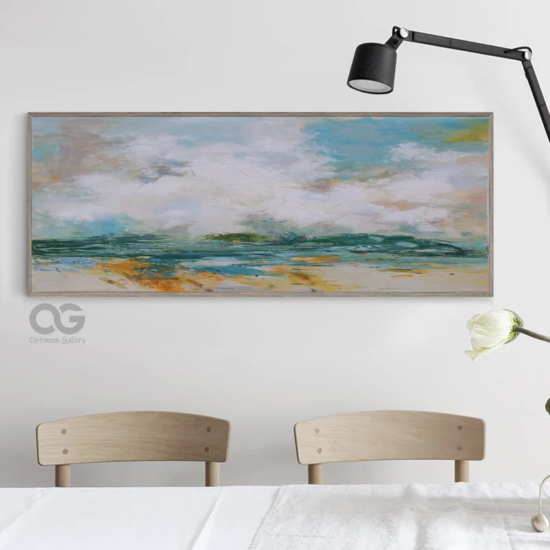 Oversized Abstract Beach Painting | Green Wall Art, Textured (60x72, Panoramic)