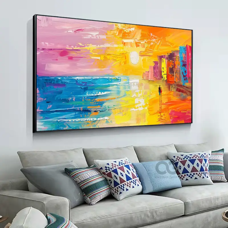 Framed Abstract Ocean Sunset | Bright Ocean Wall Art (48x60, Contemporary Seascape)