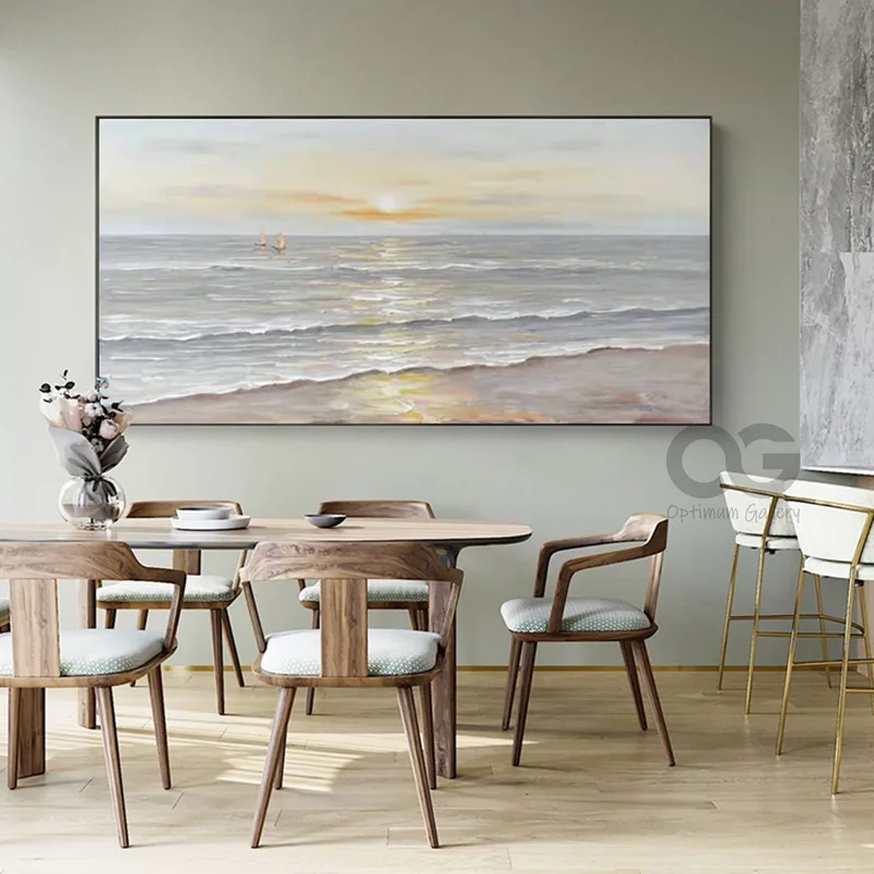 Large Ocean Sunset Painting | Textured, Beige Clouds (36x48, Beach Landscape)