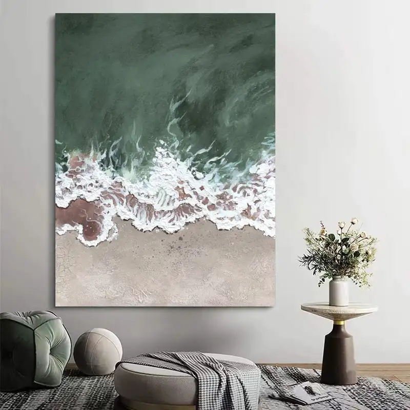 Abstract Beach Painting on Canvas: Large Green and White Decor