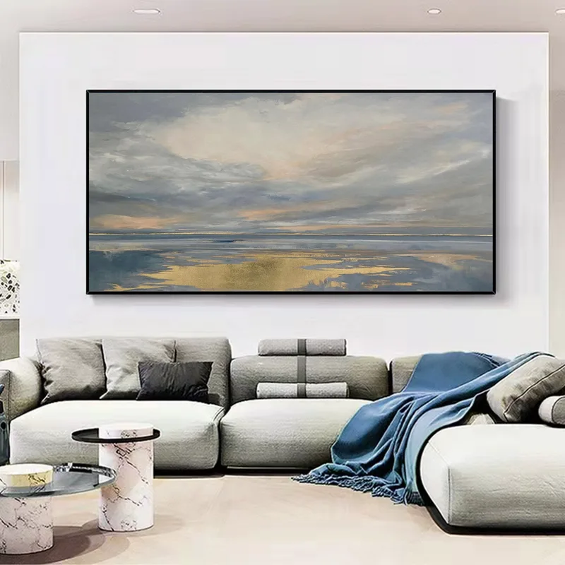Original Ocean Canvas Painting | Gray Sky, Golden Beach (40x50, Large Scale)