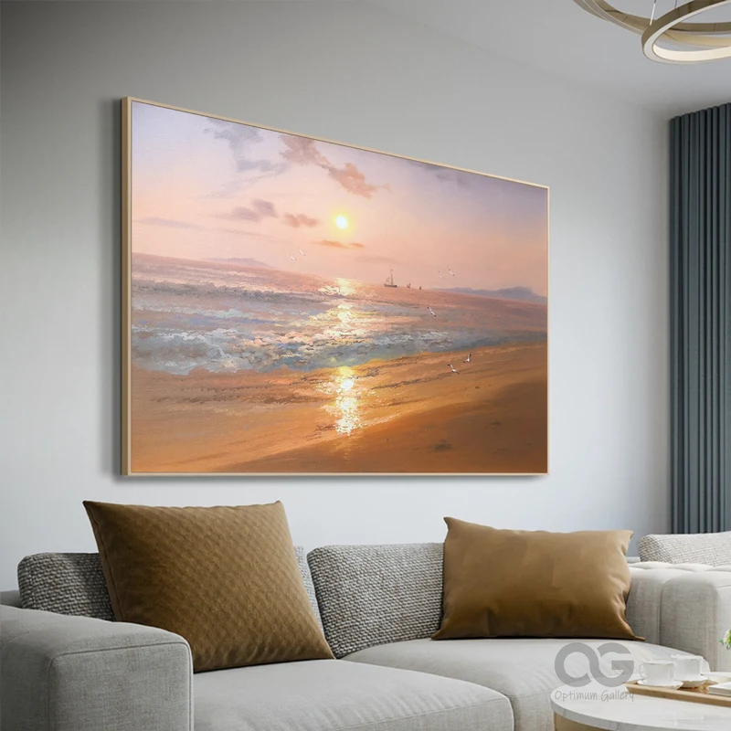Framed Beach Sunset Painting | Acrylic, Ocean Waves (24x36, Brown Sunset)