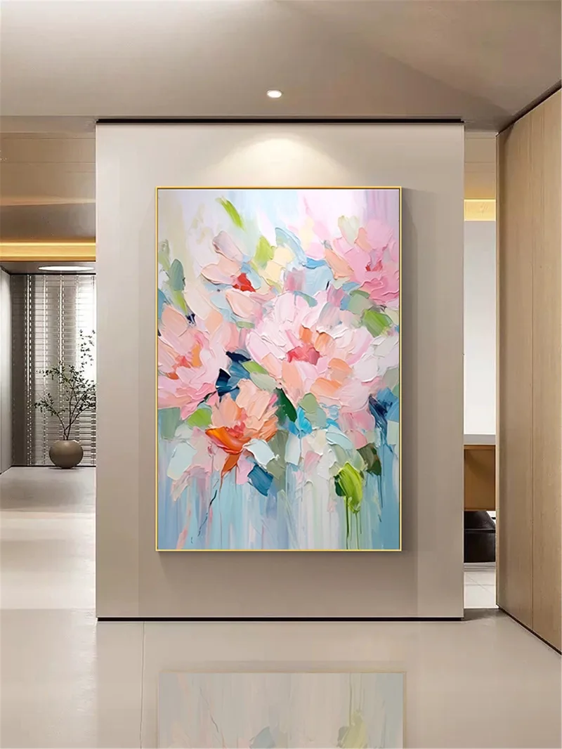 Pink Flower Wall Art Canvas Painting with 3D Textured Finish