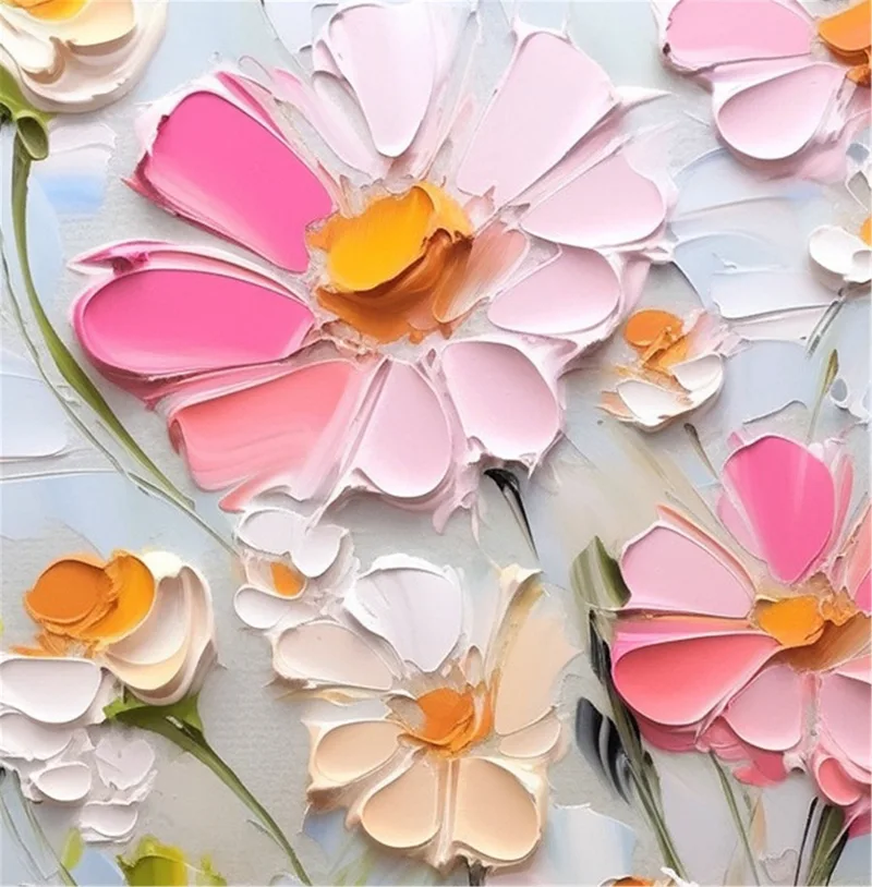 Pink Flower Painting Acrylic Canvas Art with Textured Wall Design
