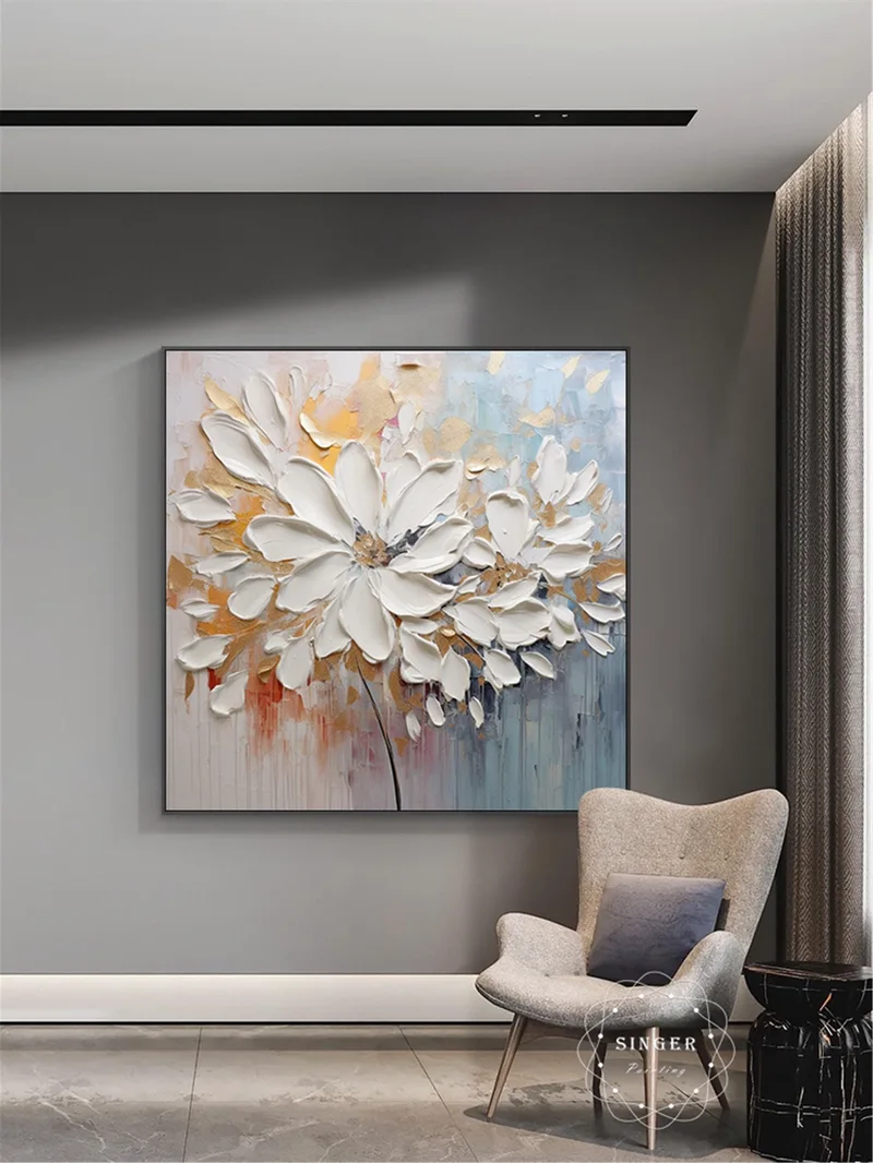 Pink Flower Painting Abstract Canvas Art with 3D Texture for Walls